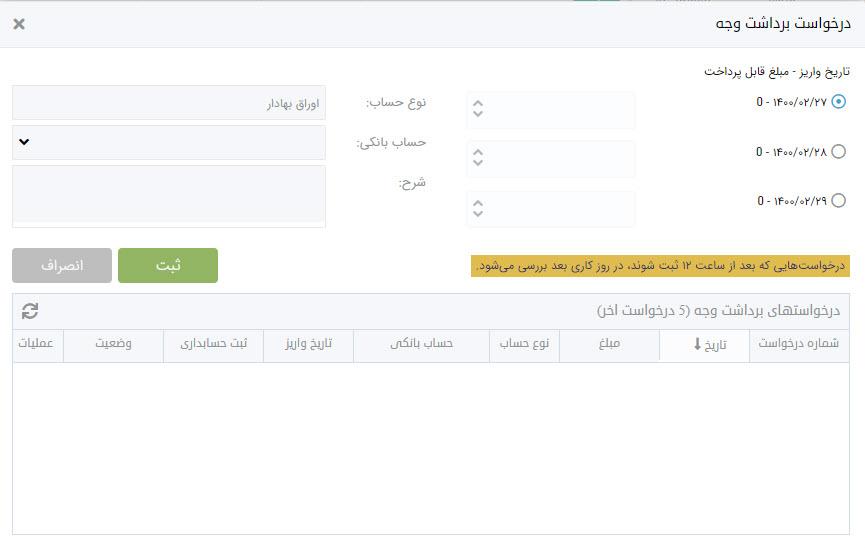 درخواست برداشت وجه 