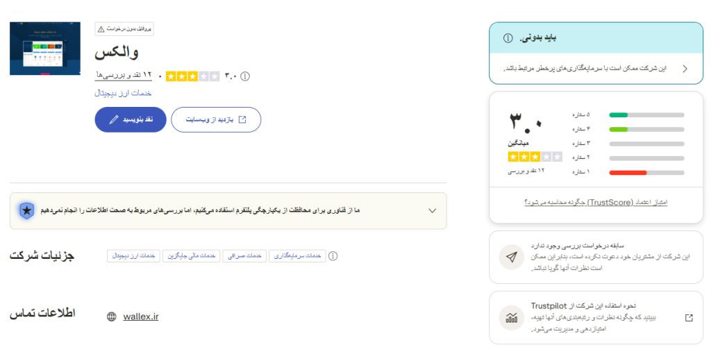 امتیاز صرافی والکس در تراست پایلوت