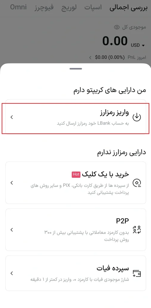 انتخاب گزینه رمز ارز در برنامه ال بانک برای واریز