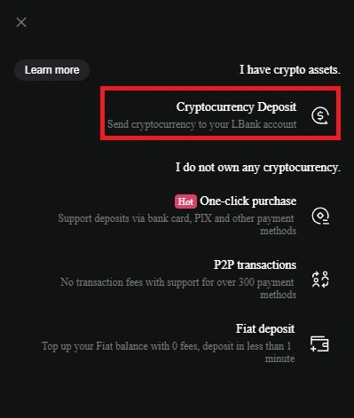 گزینه Deposit Cryptocurrency برای واریز در صرافی ال بانک