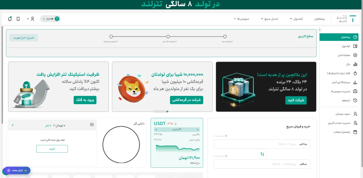 پیشخوان کاربری تترلند با کیفپول، نرخ تتر و سطح کاربری
