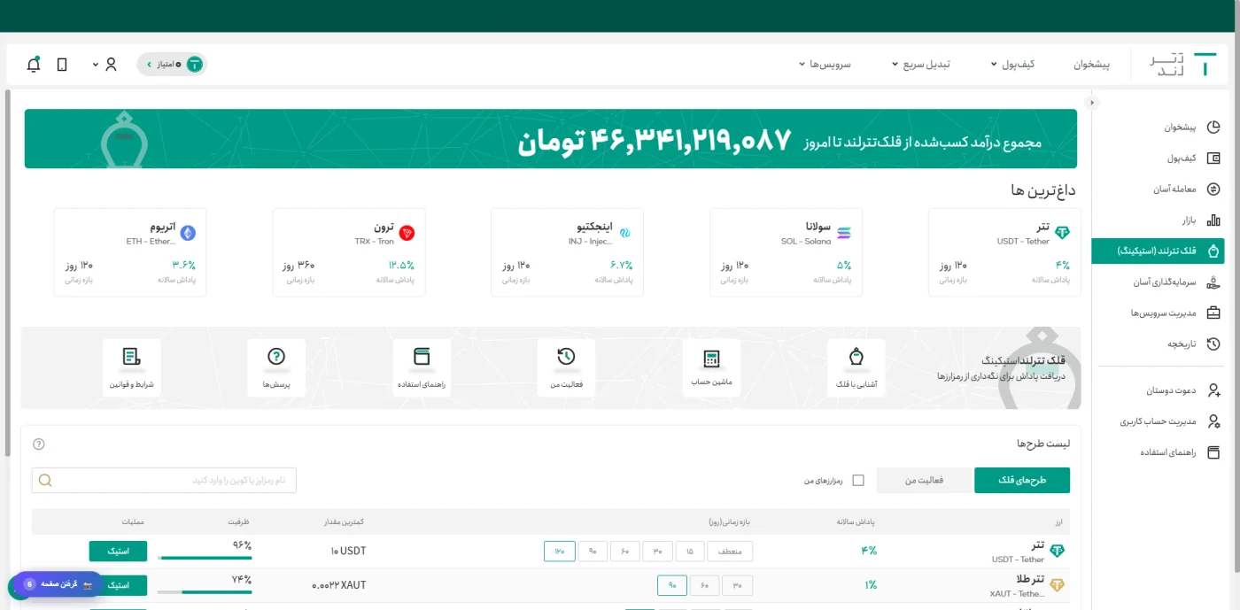صفحه قلک تترلند یا استیکینگ با لیست طرحها و پاداش سالانه