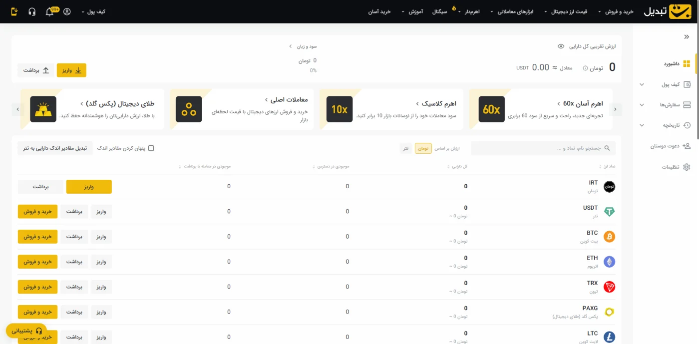 داشبورد و انواع معاملات صرافی تبدیل تبدیل