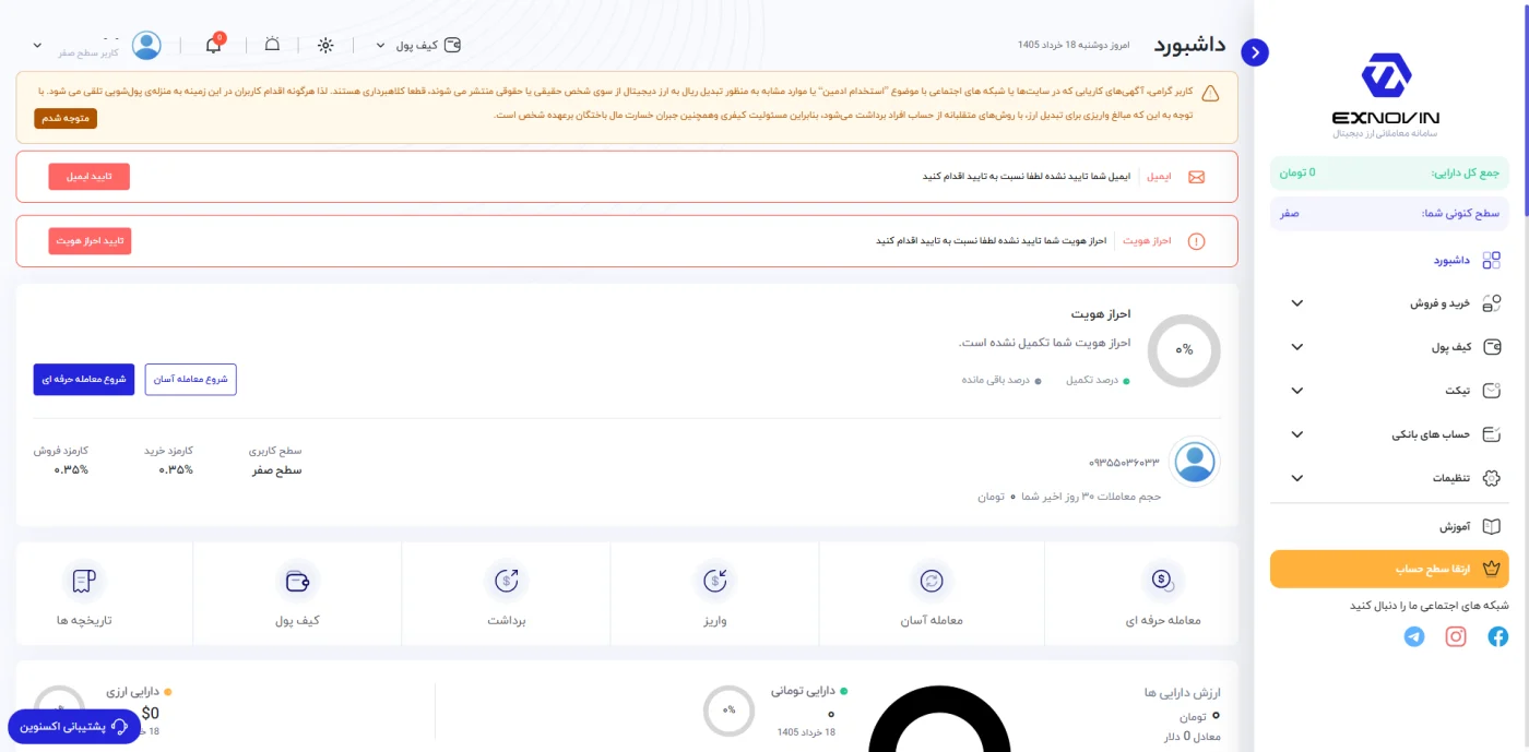 داشبورد کاربری صرافی Exnovin با کیف پول و سطح کاربری