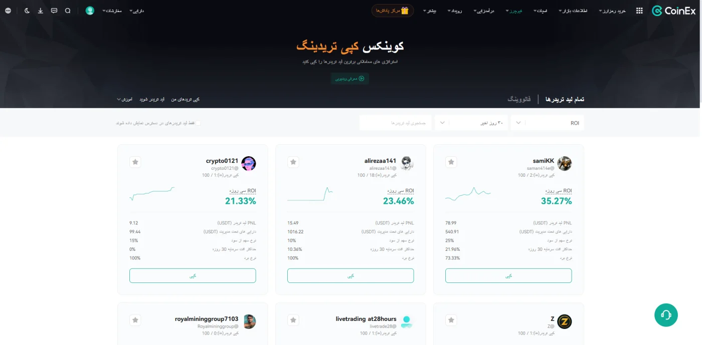 صفحه کپی تریدینگ کوینکس با نمایش بازده لید تریدرها