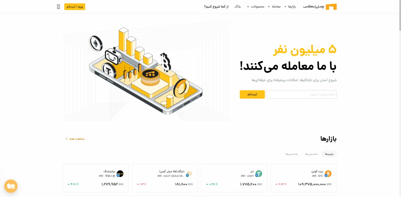 صفحه‌ی اصلی صرافی ارز دیجیتال رمزینکس و بازارهای ریالی