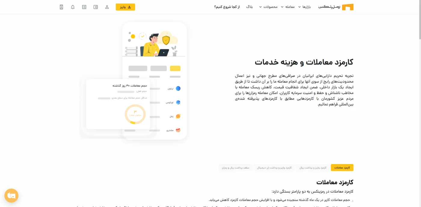 صفحه‌ی کارمزد معاملات و هزینه خدمات صرافی رمزینکس