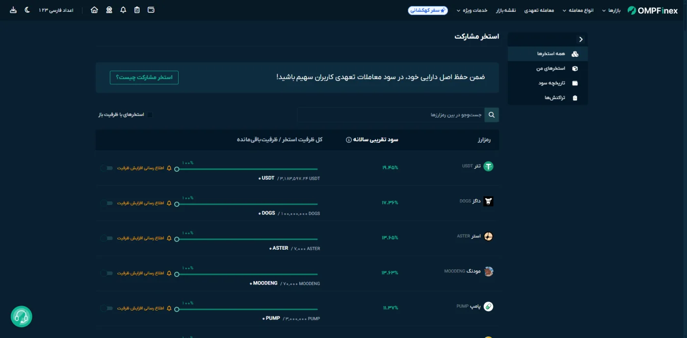 فهرست استخرهای مشارکت رمزارزی در پلتفرم او ام پی فینکس
