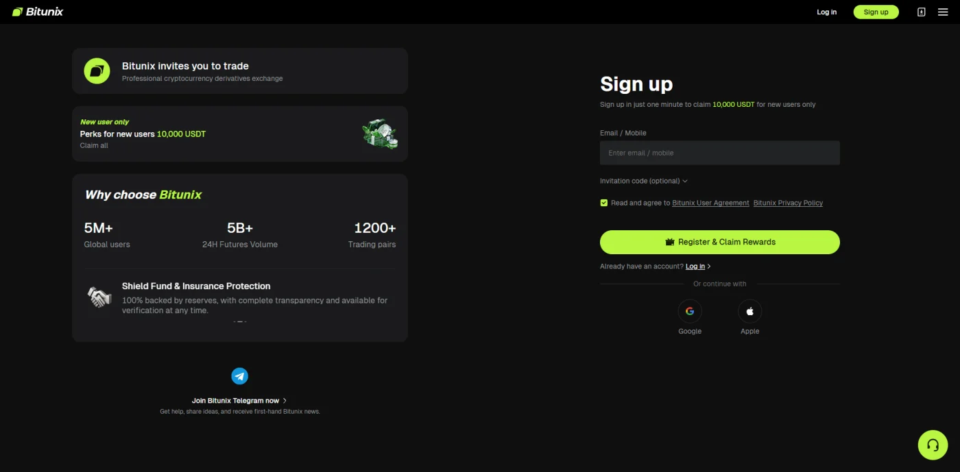 فرم ثبتنام صرافی بیت یونیکس با گزینه ورود گوگل و اپل