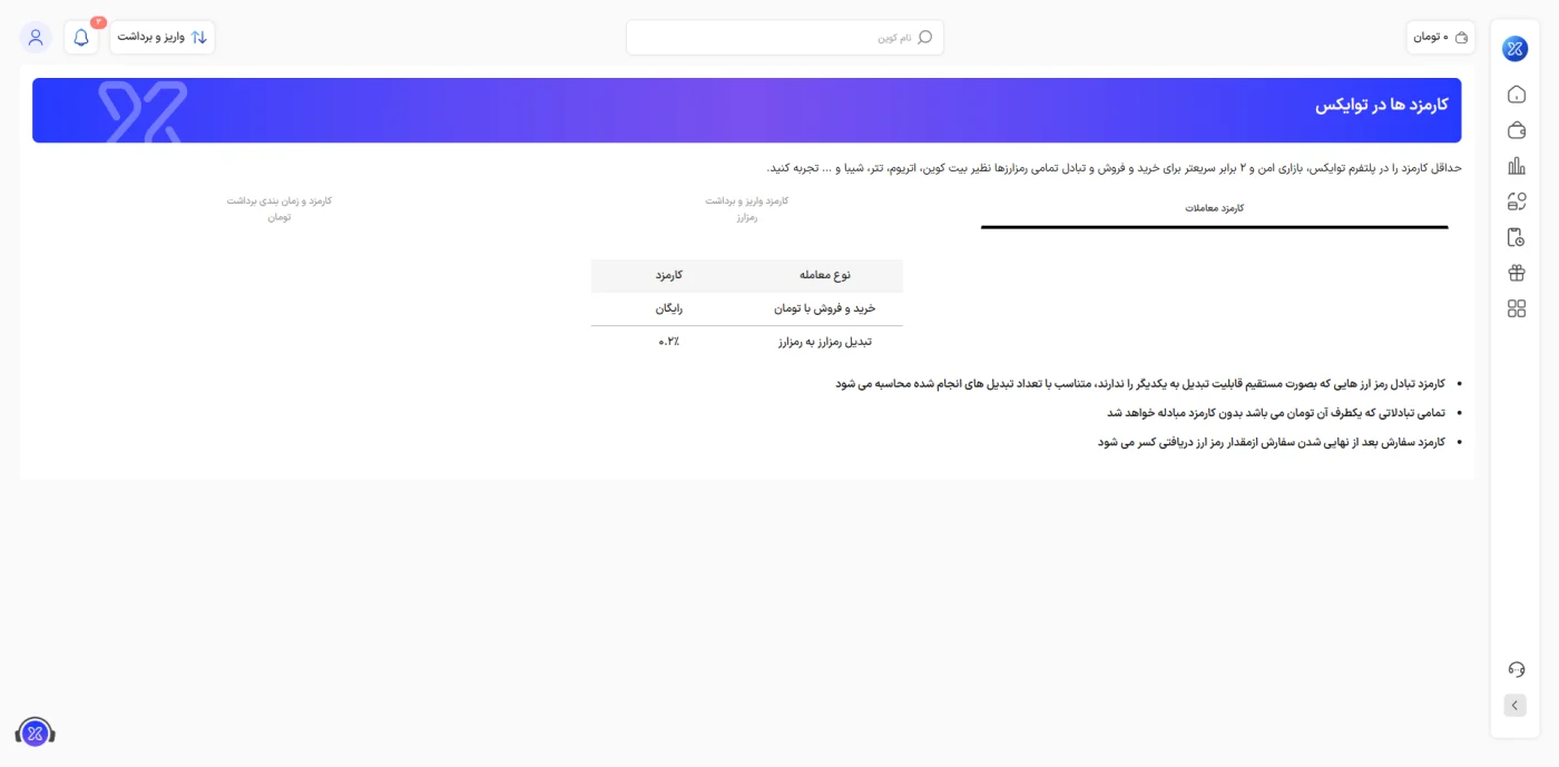 جدول کارمزد معاملات صرافی توایکس