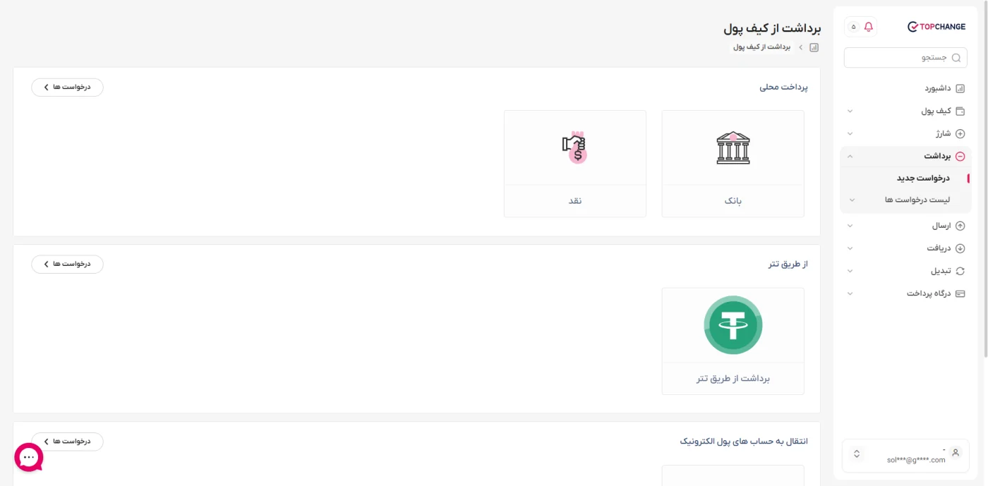 صفحهی برداشت از کیف پول تاپ چنج شامل بانک، نقد و تتر
