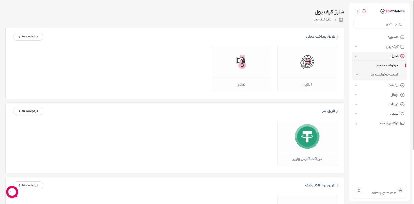 صفحهی شارژ کیف پول تاپ چنج با روشهای پرداخت محلی، تتر و پول الکترونیک