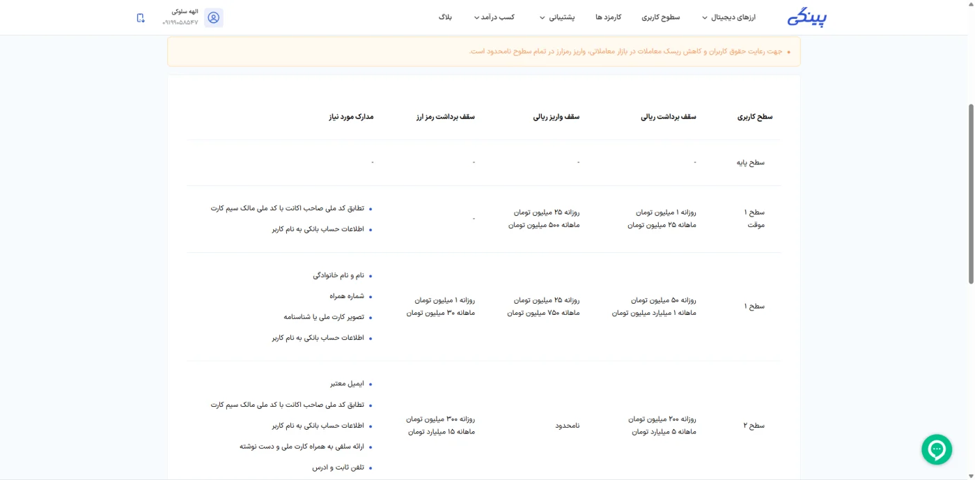 جدول سطوح کاربری و سقف واریز و برداشت در پینگی