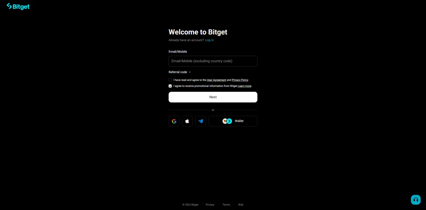 فرم ثبت‌نام صرافی بیت گت با ورود ایمیل یا موبایل