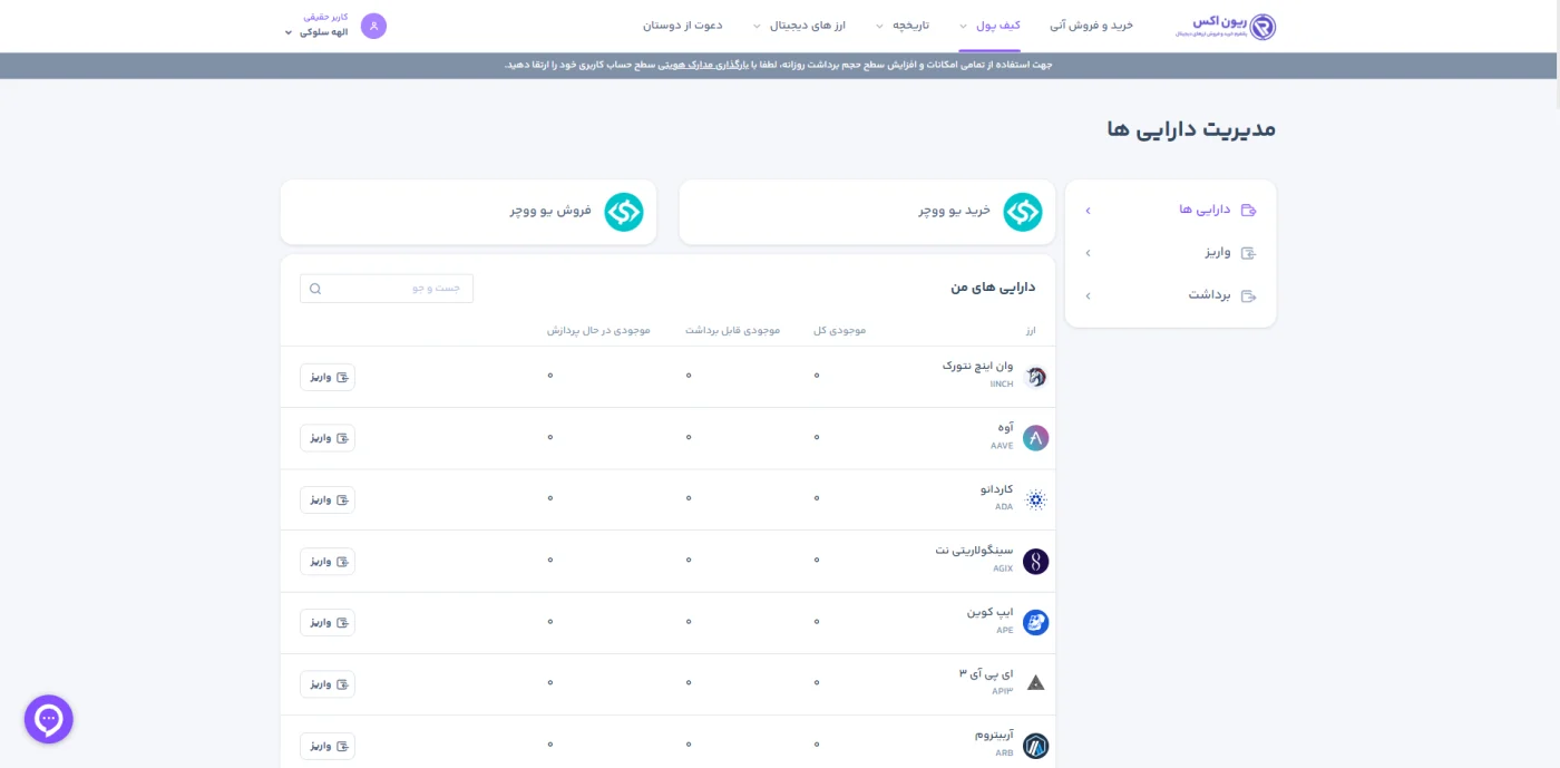 پنل مدیریت دارایی ها و کیف پول در صرافی ریون اکس