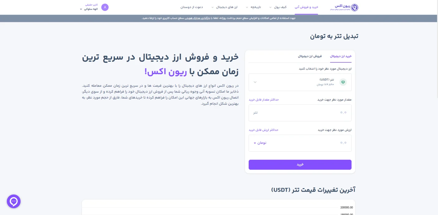 صفحه تبدیل سریع تتر به تومان در پلتفرم معاملاتی ریون اکس
