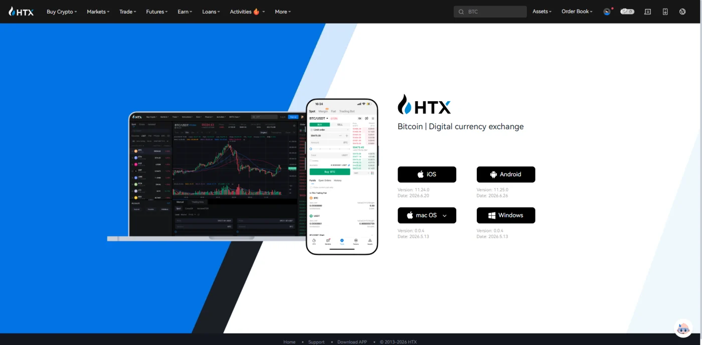 صفحه دانلود اپلیکیشن HTX برای iOS و اندروید و دسکتاپ