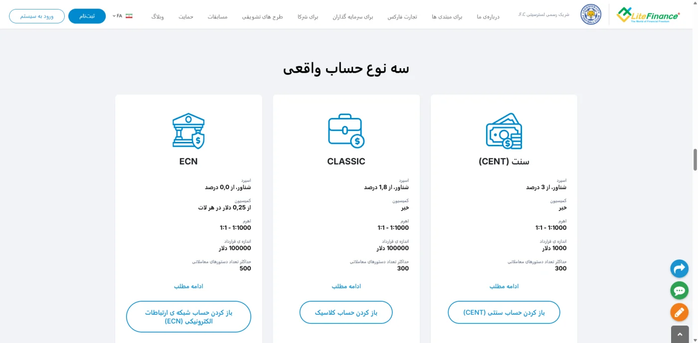 سه نوع حساب واقعی بروکر لایت فایننس شامل ECN، Classic و Cent