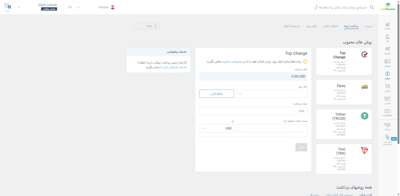 روش‌های برداشت وجه در بروکر لایت فایننس شامل تتر و ترون
