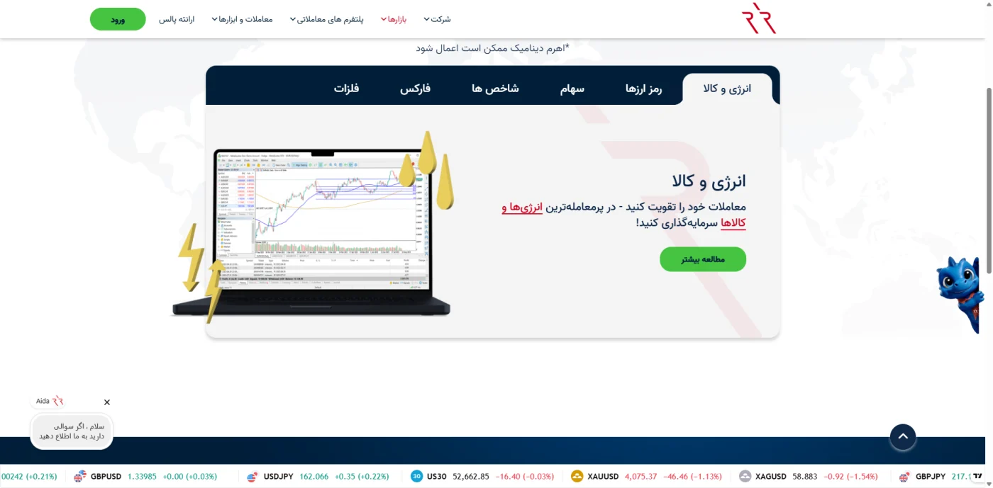 صفحه بازارهای قابل معامله ارانته شامل انرژی و کالا و رمز ارز و سهام